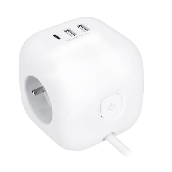 Solight 3z + USB A+C prodlužovací přívod - kostka,  kabel 2m,  3 x 1mm2,  bílý,  vypínač3
