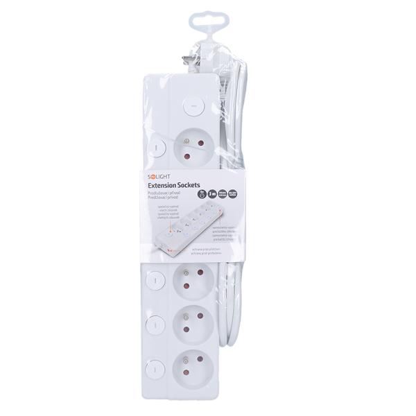 Solight 6z prodlužovací přívod,  3m,  3 x 1mm2,  bílý,  6+1 vypínač2