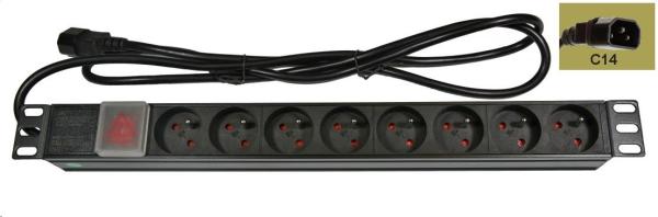 19" rozvodný panel LEXI-Net 8x230V,  ČSN,  vypínač,  indikátor napětí,  kabel 1, 8m,  1U,  přívodní kabel pro UPS (IEC320 C14)