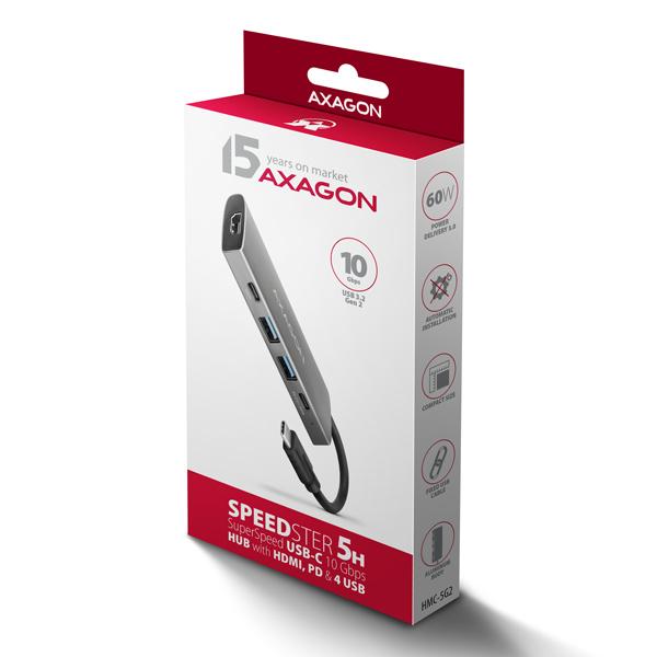 AXAGON HMC-5G21, USB 10Gbps hub, porty 2x USB-A, 2x USB-C, HDMI 4k/30, PD 60W, kábel USB-C 13cm8