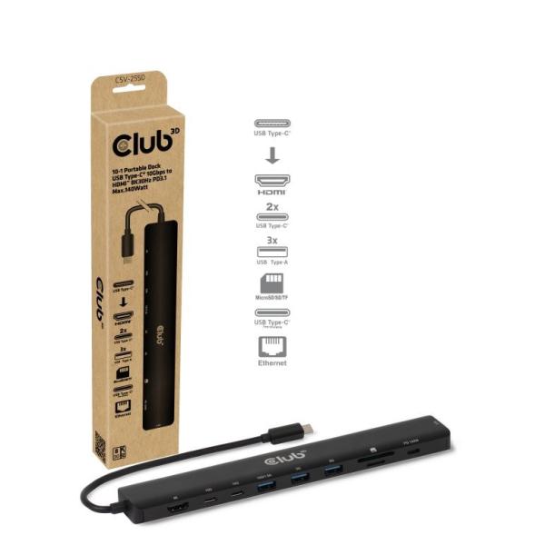 Club3D Dokovací stanice USB-C 10v1,  1xHDMI,  3xUSB-C,  3xUSB,  1xRJ45,  černá