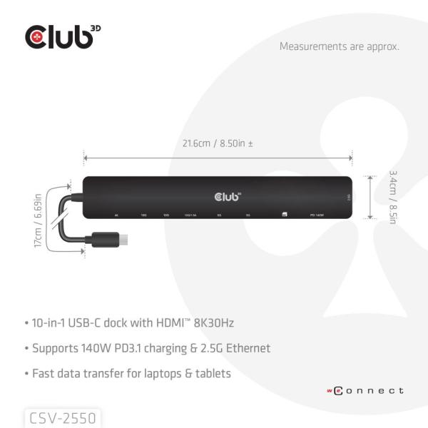 Club3D Dokovací stanice USB-C 10v1,  1xHDMI,  3xUSB-C,  3xUSB,  1xRJ45,  černá1