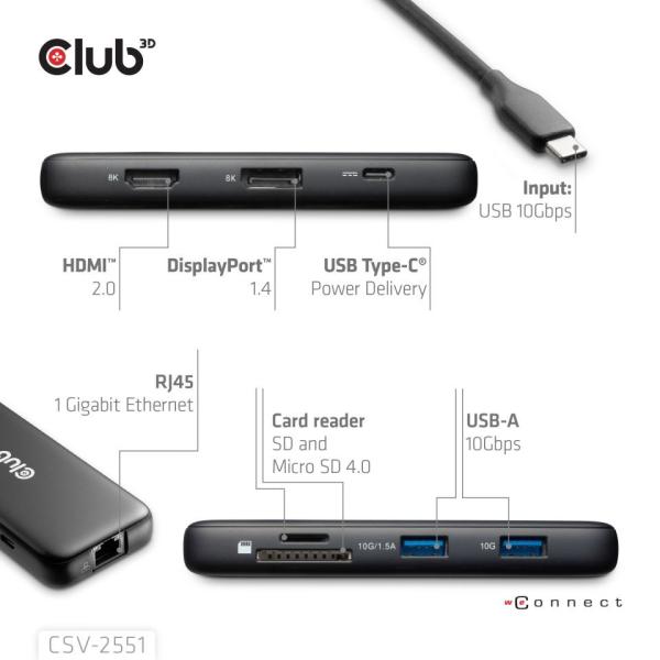 Club3D Dokovací stanice USB-C 8v1,  1xHDMI,  1xDP,  1xUSB-C,  2xUSB,  1xRJ45,  černá1