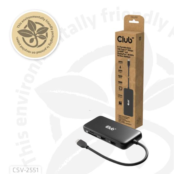 Club3D Dokovací stanice USB-C 8v1,  1xHDMI,  1xDP,  1xUSB-C,  2xUSB,  1xRJ45,  černá3