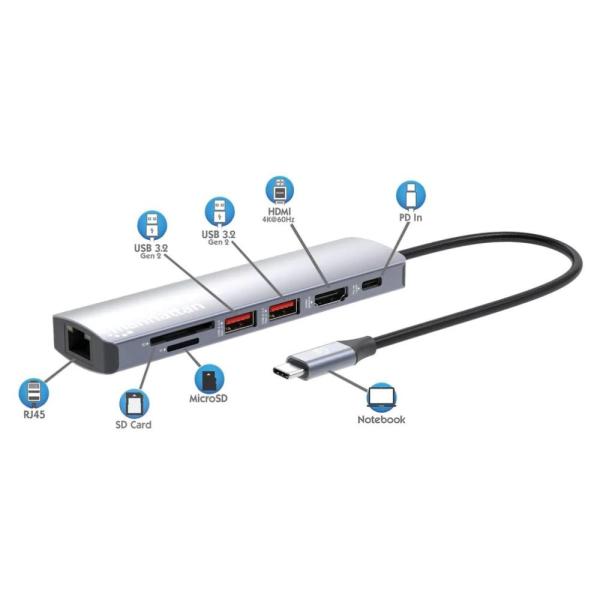 MANHATTAN Dokovací stanice USB-C 7v1,  1xHDMI,  1xUSB-C,  2xUSB,  1xRJ45,  čtečka SD karet,  šedá4