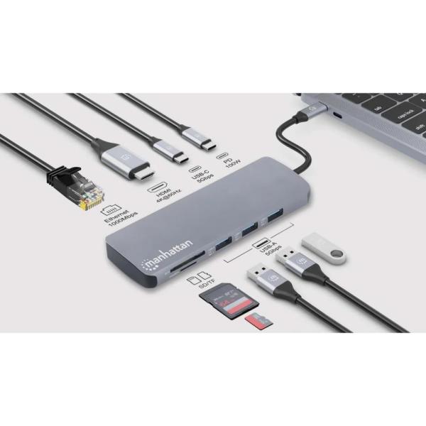 MANHATTAN Dokovací stanice USB-C 9v1, HDMI, USB-C 3.0, USB-C PD 100W, 3xUSB-A 3.0, SD microSD, RJ454