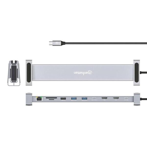 MANHATTAN Dokovací stanice USB-C 10v1, 2xHDMI, USB-C 3.0, USB-C PD 100W, 3xUSB-A 3.0, SD/microSD, RJ456