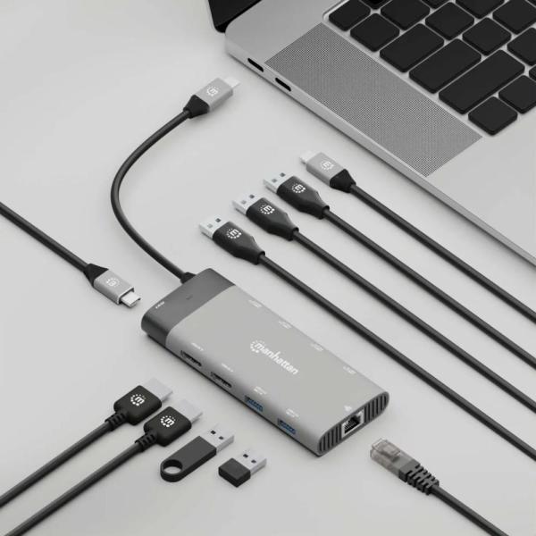 MANHATTAN Dokovací stanice USB-C 10v1,  2xHDMI,  USB-C 3.1,  USB-C PD 100W,  2xUSB-A 3.1,  3xUSB-A 3.0,  RJ456