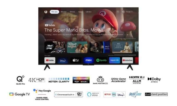 TCL 55T7B 55" TV,  4K Ultra HD,  QLED,  Google TV,  WiFi,  Bluetooth,  Direct LED,  Dolby Digital,  HDR,  Dolby Vision10