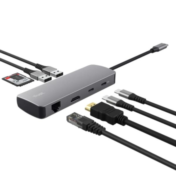 TRUST Dokovací stanice DALYX USB-C,  8v1,  HDMI,  RJ45,  2xUSB-C,  2xUSB-A,  microSD/ SD karta,  šedá3