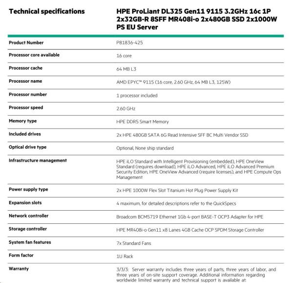 HPE PL DL325g11 AMD Epyc 9115 (2.6-4.1/16C) 2x32G 6400 2x480G 2x1000W MR408i-o/4G 8SFF 4p1Gocp Smart Choice2