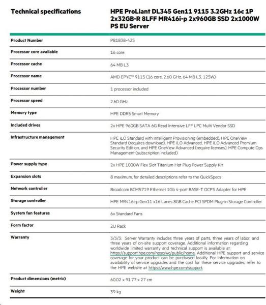 HPE PL DL345g11 AMD Epyc 9115 (2.6G/ 16C) 2x32G (P64985) 2x960G 2x1000W MR416i-p 8LFF 4p1G Arm Smart Choice0
