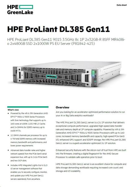 HPE PL DL385g11 AMD EPYC 9015 (3.6/ 8C) 2x32G (P64985) 2x480G MR408i-o 2x1000W 8SFF 2p10GT Smart Choice1