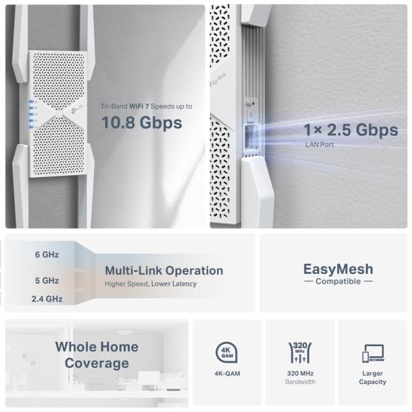 TP-Link RE655BE EasyMesh WiFi7 Extender/ Repeater (BE11000, 2, 4GHz/ 5GHz/ 6GHz, 1x2, 5GbELAN)0