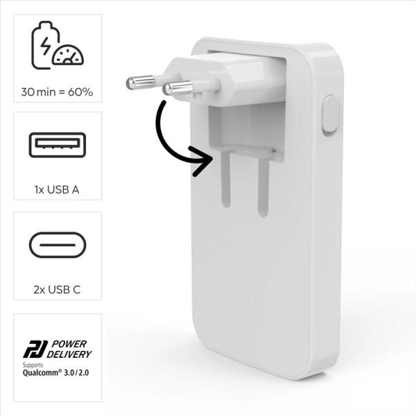Hama rýchla USB nabíjačka GaN 2x USB-C + USB-A,  PD/ QC 65 W,  plochá,  skladacia12