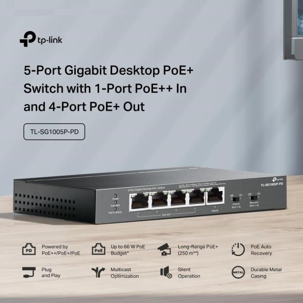 TP-Link switch TL-SG1005P-PD (5xGbE, 4xPoE+, 1xPoE-in, PoE++, 90W,  fanless)4