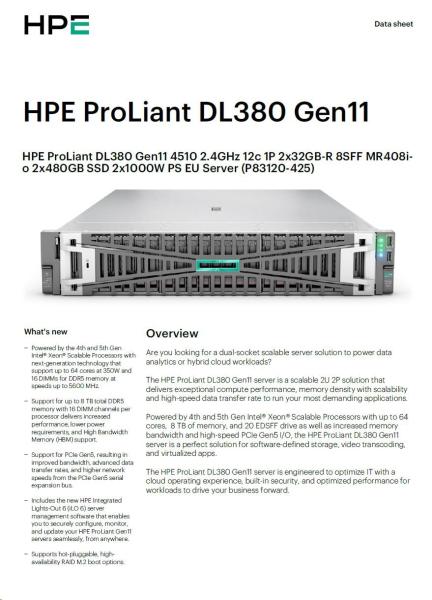 HPE PL DL380g11 4510 (2.4G/ 12C) 2x32G (p64706) 2x480G 8SFF MR408i-o 2x1000W 4p1To Smart Choice9