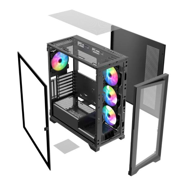 VeinX case GL29AL-BK,  ATX,  Průhledná bočnice,  4x 120mm ARGB Fan,  ARGB Hub,  Černá6