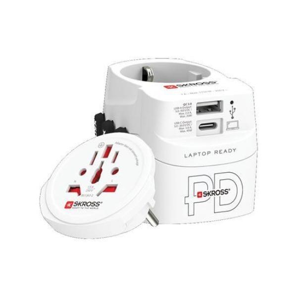 SKROSS cestovní adaptér PRO Light USB AC45PD - World,  UK+USA+AUS/ CN,  univerzální,  uzemněný,  USB A+C 45W
