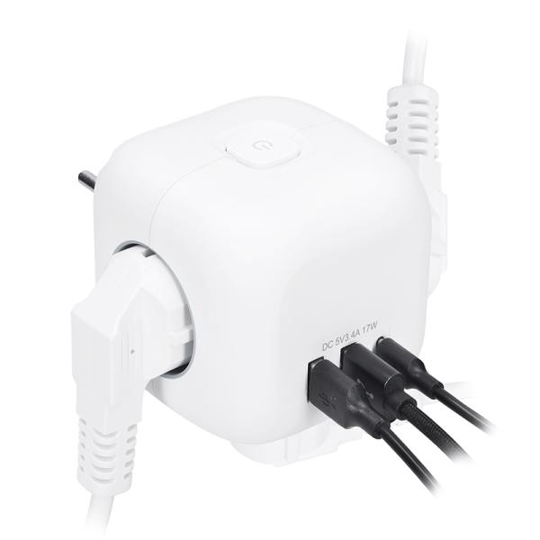Solight rozbočka kostka, 3x 16A + USB A+C, bílá, vypínač4