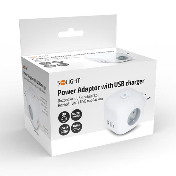 Solight rozbočka kostka, 3x 16A + USB A+C, bílá, vypínač6