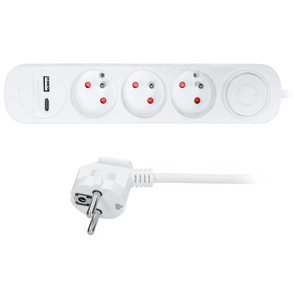 Solight 3z prodlužovací přívod s USB A+C nabíječkou 2.4A,  2m,  3 x 1mm2,  bílý,  vypínač