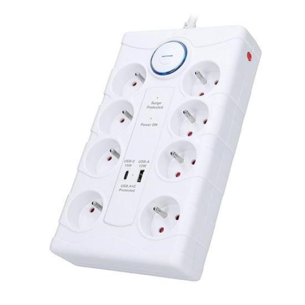 Solight přepěťová ochrana,  8z,  USB A+C,  2m,  bílá2