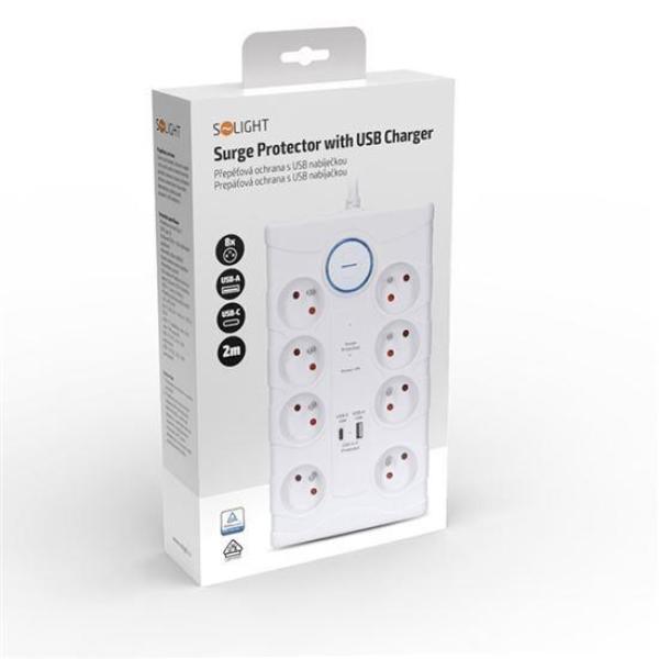 Solight přepěťová ochrana,  8z,  USB A+C,  2m,  bílá7