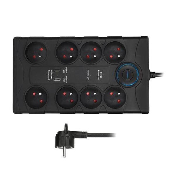 Solight přepěťová ochrana,  8z,  USB A+CA,  2m,  černá
