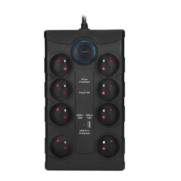 Solight přepěťová ochrana,  8z,  USB A+CA,  2m,  černá1