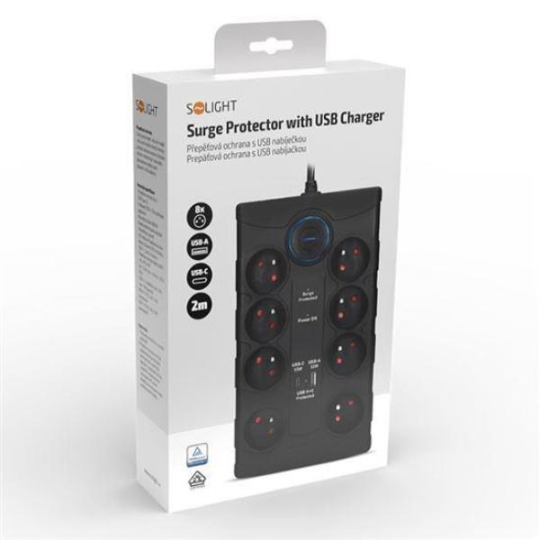 Solight přepěťová ochrana,  8z,  USB A+CA,  2m,  černá7