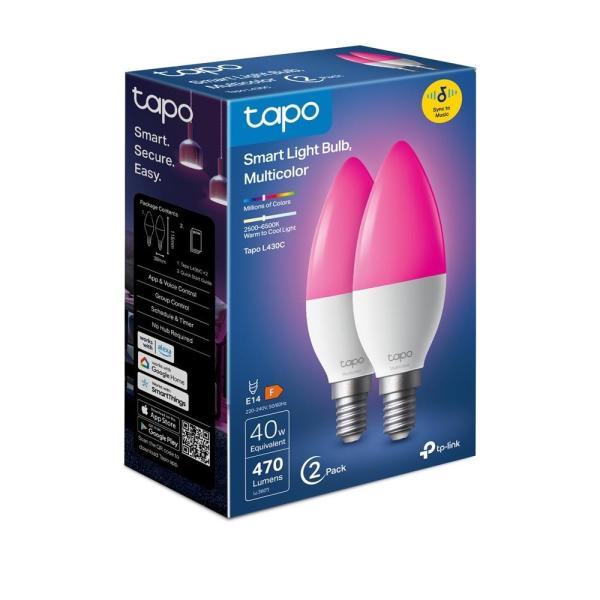TP-Link Tapo L430C(2-pack) chytrá WiFi stmívatelná LED žárovka (barevná, 2500K-6500K, 470lm, 2, 4GHz, E14)2