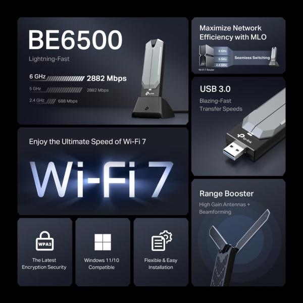 TP-Link Archer TBE400UH WiFi7 USB adapter (BE6500, 2, 4GHz/ 5GHz/ 6GHz, USB3.0)3