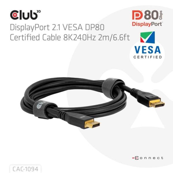 Club3D Kabel DisplayPort 2.1 na DisplayPort 2.1, VESA DP80, 8K240Hz/10K60Hz (M/M), 2m, černá1