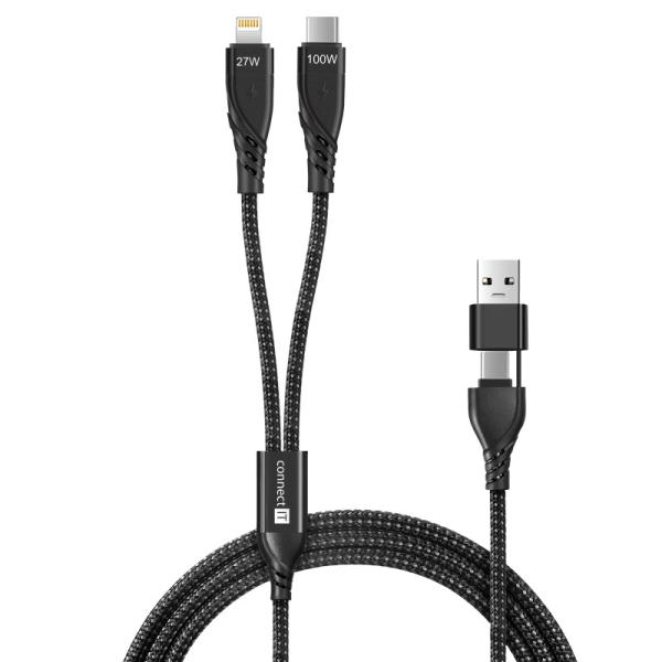 CONNECT IT Nabíjecí kabel Wirez 4v1,  USB-C/ USB,  Lightning/ USB-C,  1.25m,  černá