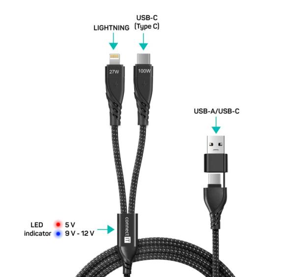 CONNECT IT Nabíjecí kabel Wirez 4v1,  USB-C/ USB,  Lightning/ USB-C,  1.25m,  černá1