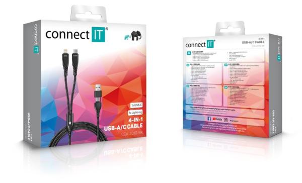 CONNECT IT Nabíjecí kabel Wirez 4v1,  USB-C/ USB,  Lightning/ USB-C,  1.25m,  černá4