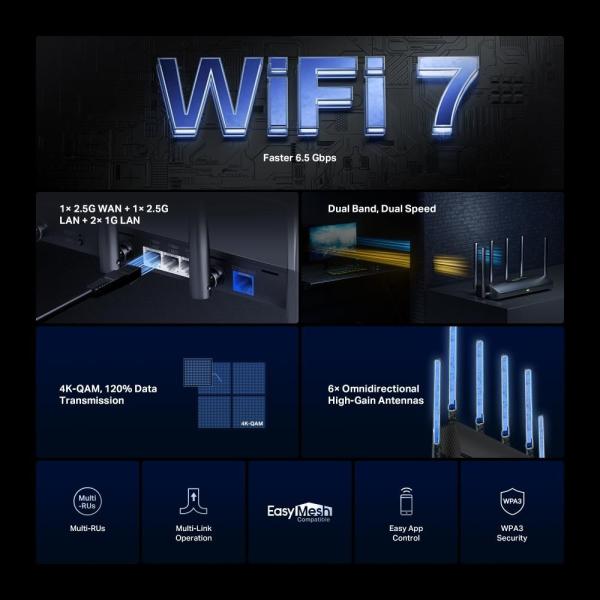 MERCUSYS MR37BE EasyMesh WiFi7 router (BE6500,  2, 4GHz/ 5GHz, 1x2, 5GbEWAN, 1x2, 5GbELAN, 2xGbE)2