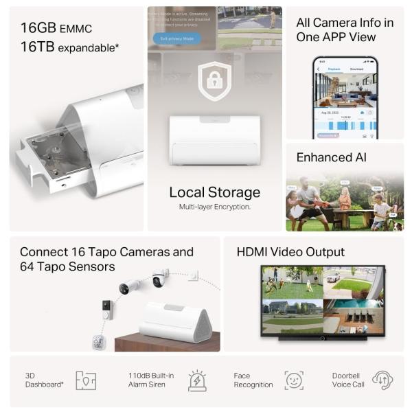 TP-Link Tapo H500 WiFi Chytrý IoT hub - základna HomeBase (2, 4GHz/ 5GHz, 1xHDMI, 1x2, 5"SATA, 1x100Mb/ s, 1xUSB, 1xUSB-C)3