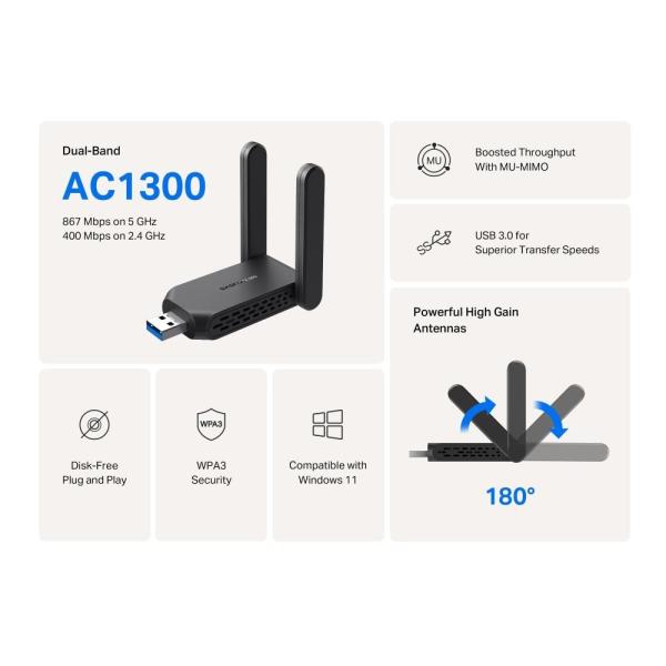MERCUSYS MA32H WiFi5 USB adapter (AC1300, 2, 4GHz/ 5GHz, USB3.0)3