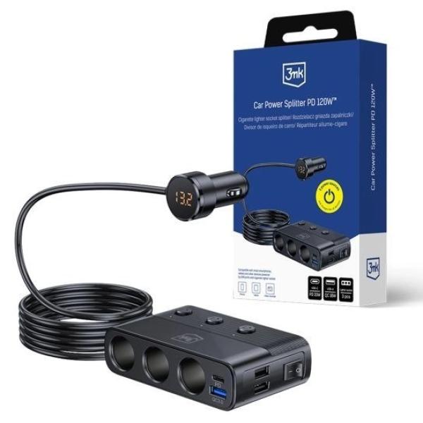 3mk Car Power Splitter 120W PD QC PPS USB 3A1C3 Socket Black