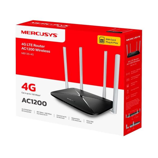 Mercusys MB135-4G WiFi5 router (AC1200,  4G LTE,  2, 4GHz/ 5GHz, 1x100Mb LAN/ WAN, 3x100Mb LAN, 1xnanoSIM)3