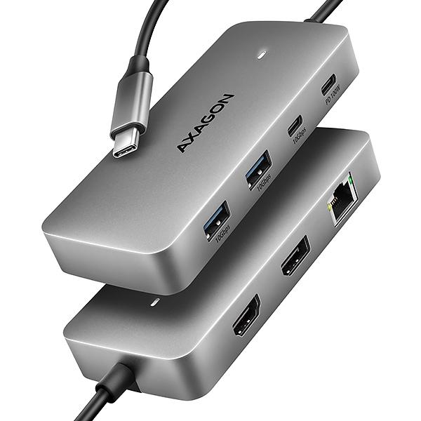 AXAGON HMC-CUB83X2, USB 10Gbps hub, 2x USB-A, USB-C, HDMI & DP 4k/ 144Hz, RJ-45, PD 100W, kábel 15cm