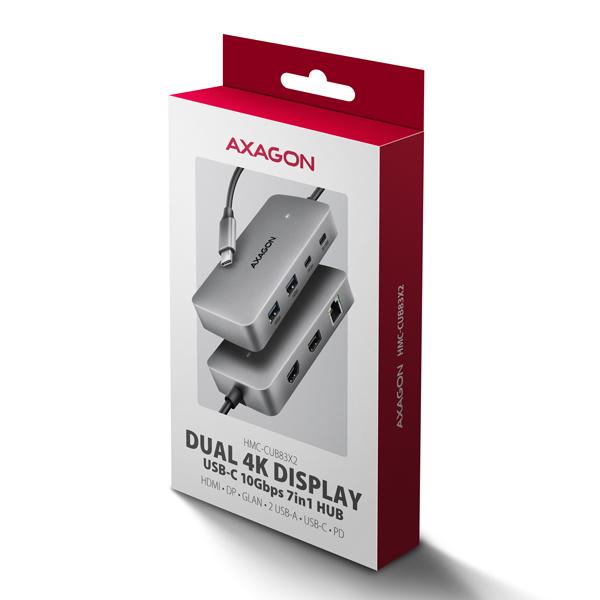 AXAGON HMC-CUB83X2,  USB 10Gbps hub,  2x USB-A,  USB-C,  HDMI & DP 4k/ 144Hz,  RJ-45 GLAN,  PD 100W,  kábel USB-C 15cm7