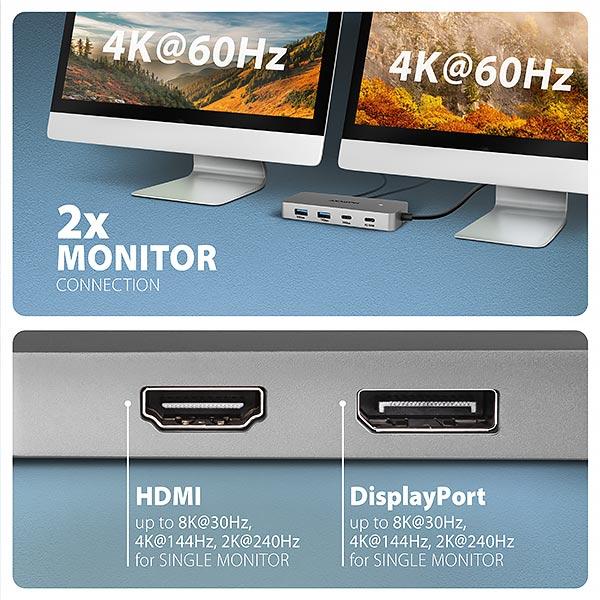 AXAGON HMC-CUB83X2,  USB 10Gbps hub,  2x USB-A,  USB-C,  HDMI & DP 4k/ 144Hz,  RJ-45 GLAN,  PD 100W,  kábel USB-C 15cm3