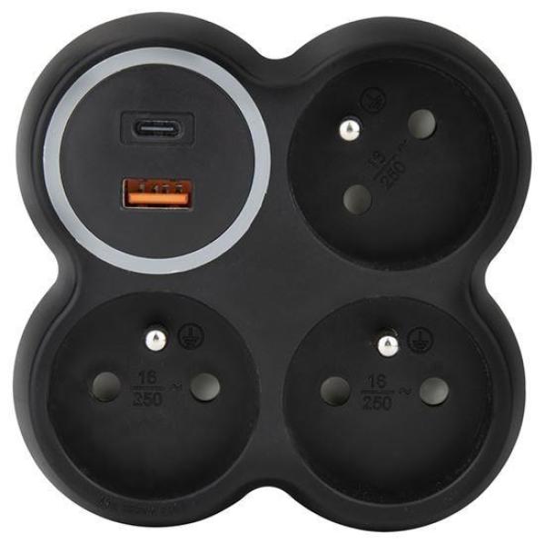 Solight rozbočka,  3x 15A,  USB A+C rychlonabíječka 20W PD,  matná černá