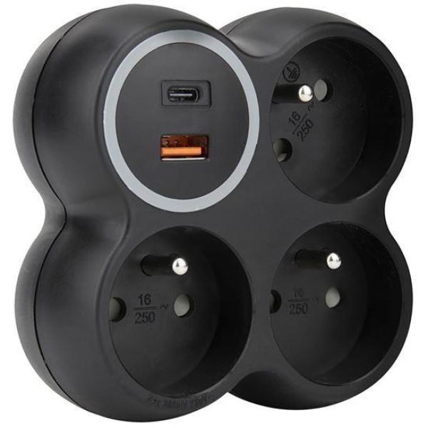 Solight rozbočka,  3x 15A,  USB A+C rychlonabíječka 20W PD,  matná černá1