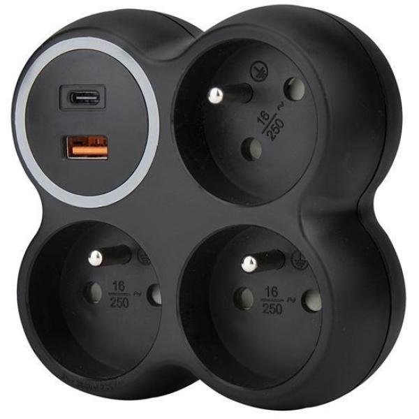 Solight rozbočka,  3x 15A,  USB A+C rychlonabíječka 20W PD,  matná černá2