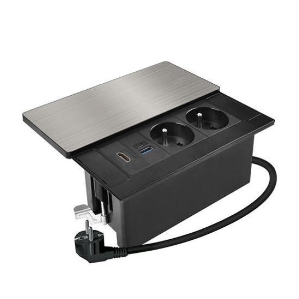 Solight vestavný blok zásuvek s posuvným krytem,  2 zásuvky,  HDMI,  USB A+C 20W PD,  2m,  stříbrný1
