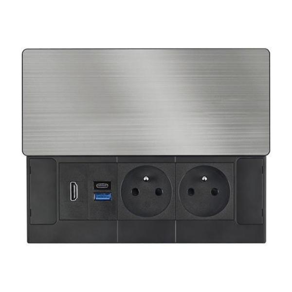 Solight vestavný blok zásuvek s posuvným krytem,  2 zásuvky,  HDMI,  USB A+C 20W PD,  2m,  stříbrný2